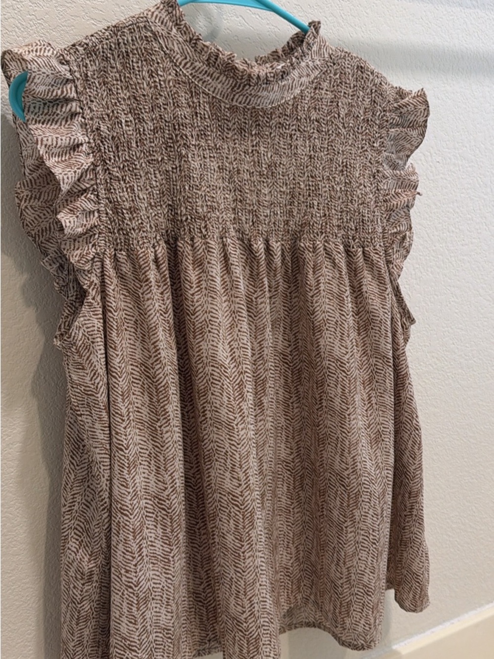 THML Tan Printed Ruffle Shoulder Top